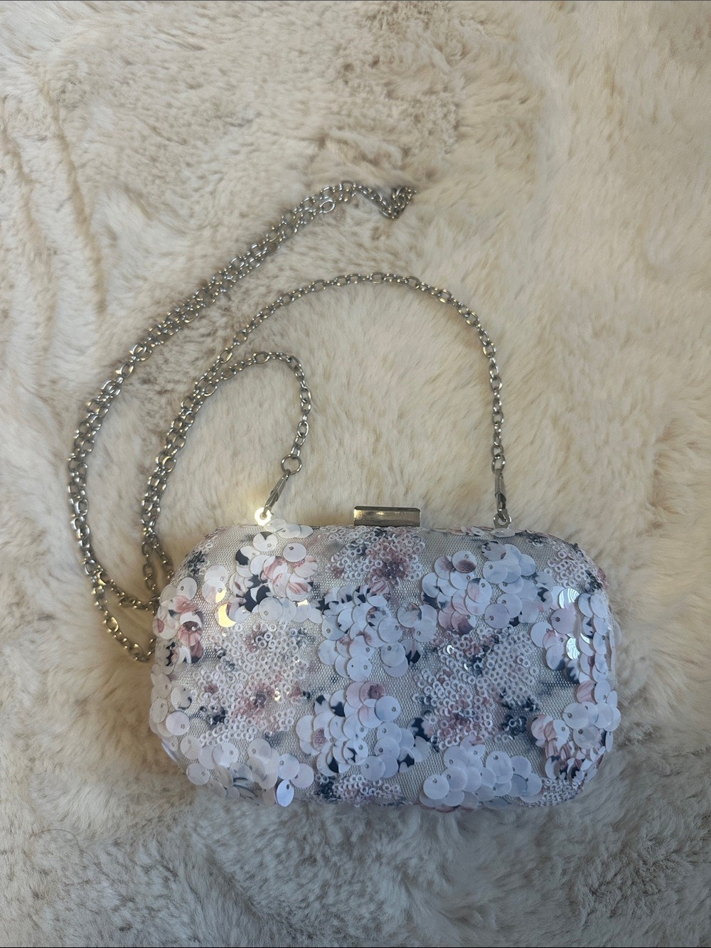 Sequin Floral Clutch Crossbody Bag - White & Pink New